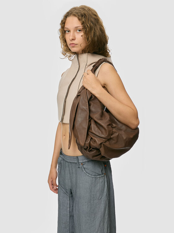 Brown Leather Gathered Handbag 