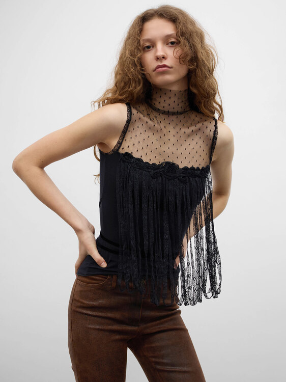 Black Sleeveless Fringed Top 