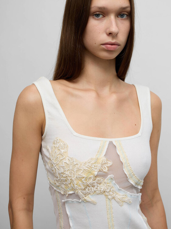 Rib Cotton Embroidered  Top 