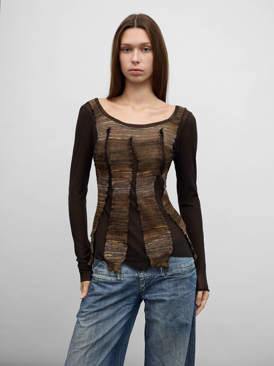 Brown Knit And Mesh Top 