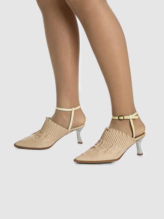 Beige Wrinkled Effect Heeled Mules 
