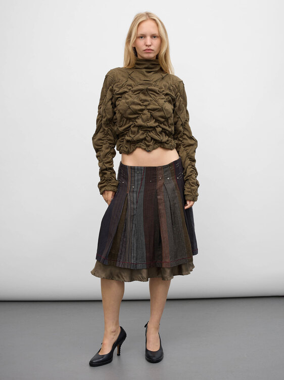 Pleated Patchwork Midi Skirt 