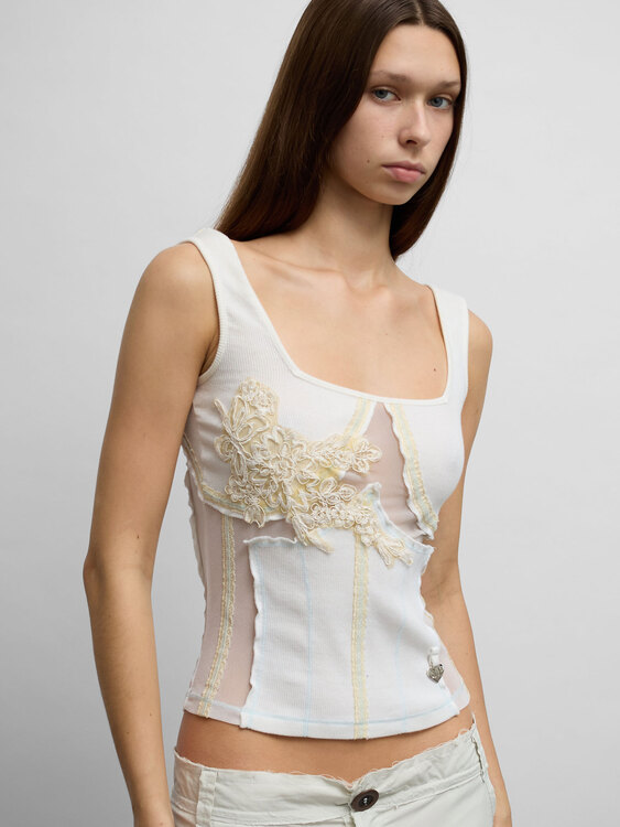 Rib Cotton Embroidered  Top 