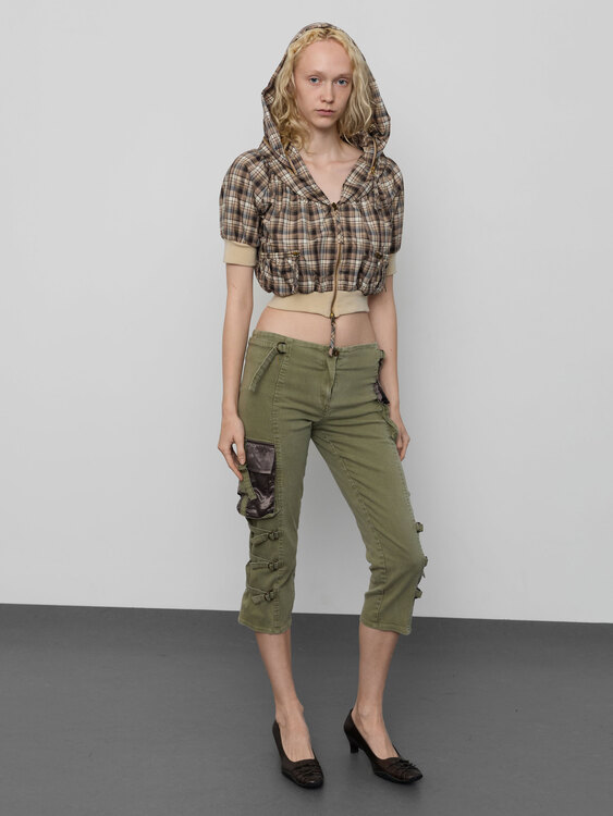 Plaid Packable Hood Cropped Jacket 