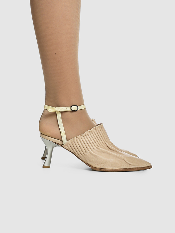 Beige Wrinkled Effect Heeled Mules 