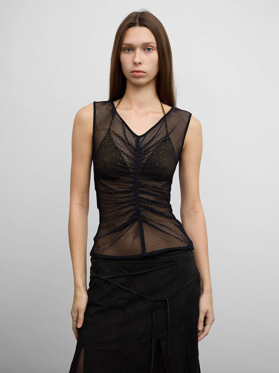 Black Gathered Fishnet Top 