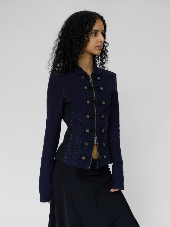 Navy Wool Panelled Zip-Up Jacket 