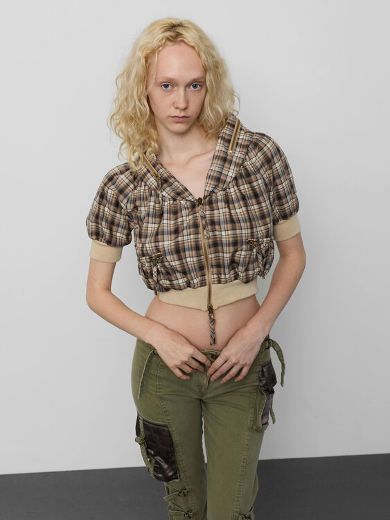 Plaid Packable Hood Cropped Jacket 