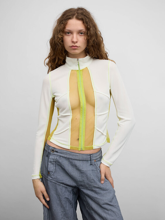 White And Lime Green Zip-Up Top 