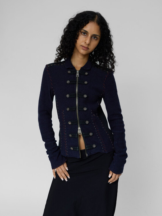 Navy Wool Panelled Zip-Up Jacket 