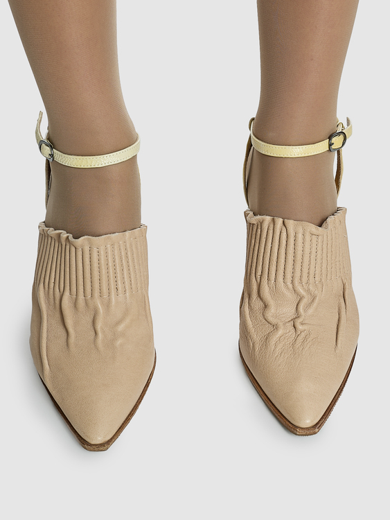Beige Wrinkled Effect Heeled Mules 