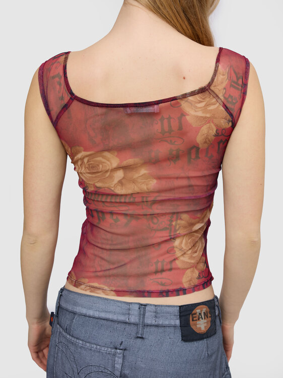 Gathered Graphic Print Mesh Top 