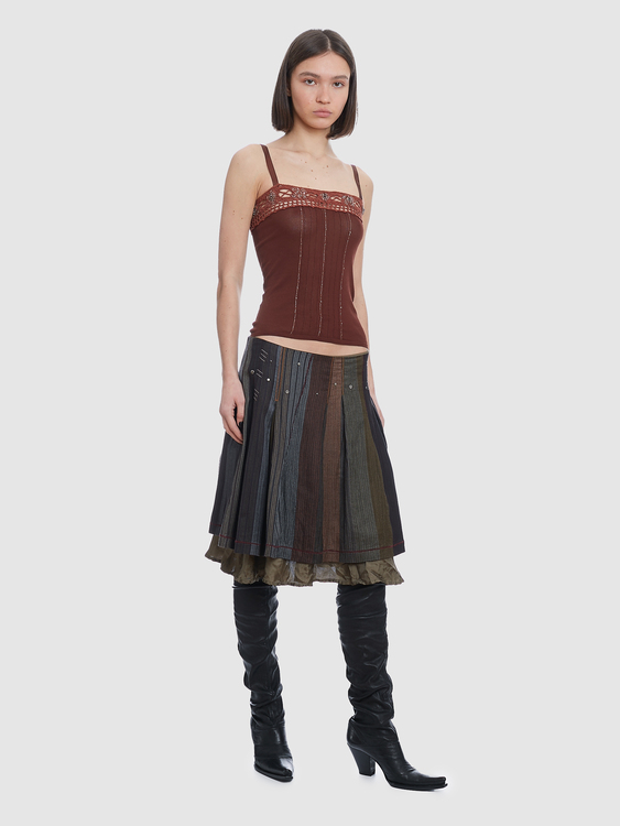 Pleated Patchwork Midi Skirt 