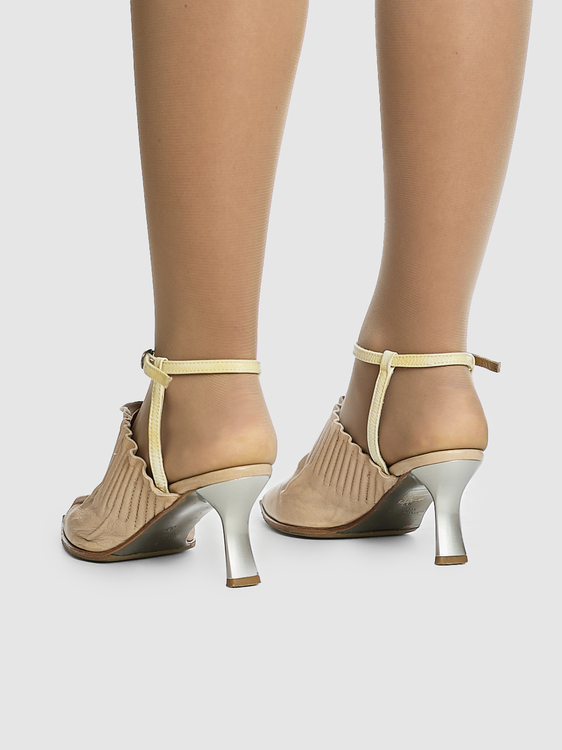 Beige Wrinkled Effect Heeled Mules 