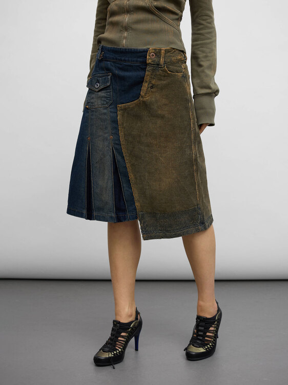 Corduroy and Denim Midi Skirt 