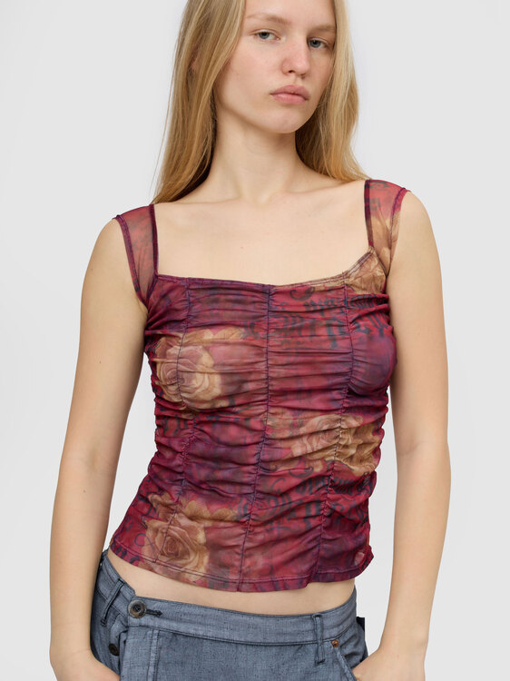 Gathered Graphic Print Mesh Top 