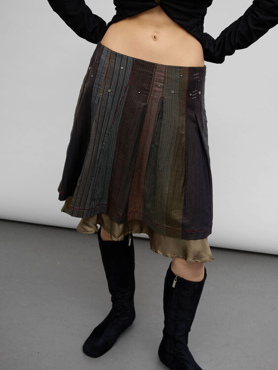 Pleated Patchwork Midi Skirt 