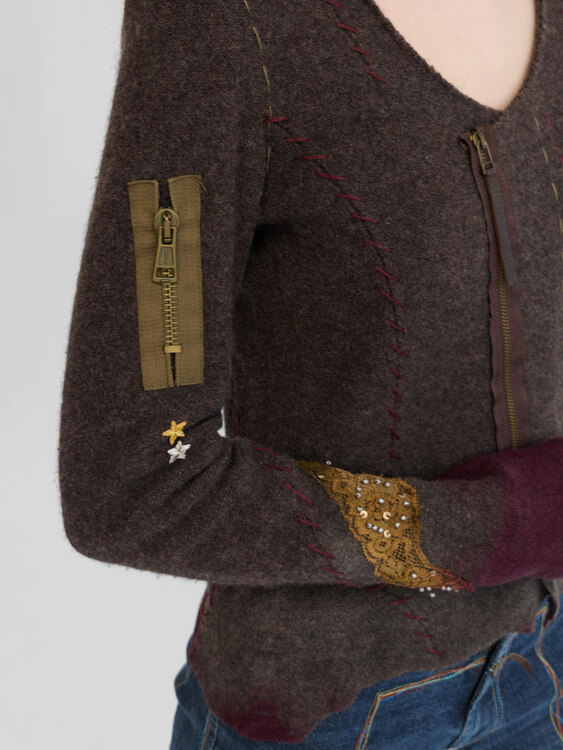 Knitted Patchwork Zip-Up Cardigan 