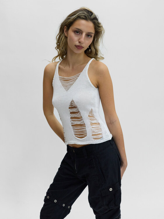White Distressed Knit Vest 