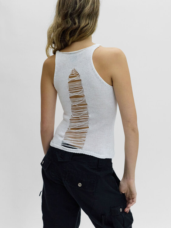 White Distressed Knit Vest 