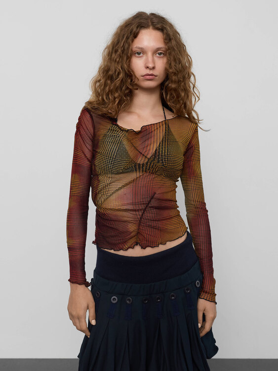 Houndstooth Gathered Mesh Top 