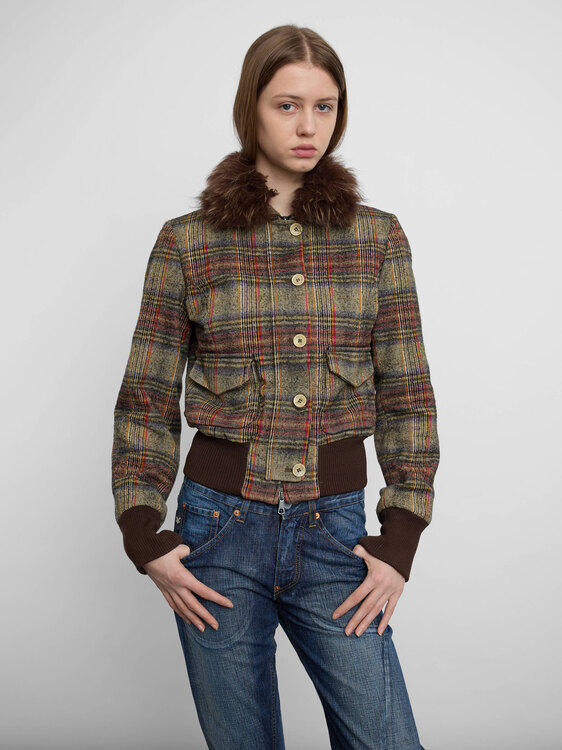 Trussardi Fur Collar Plaid Jacket 