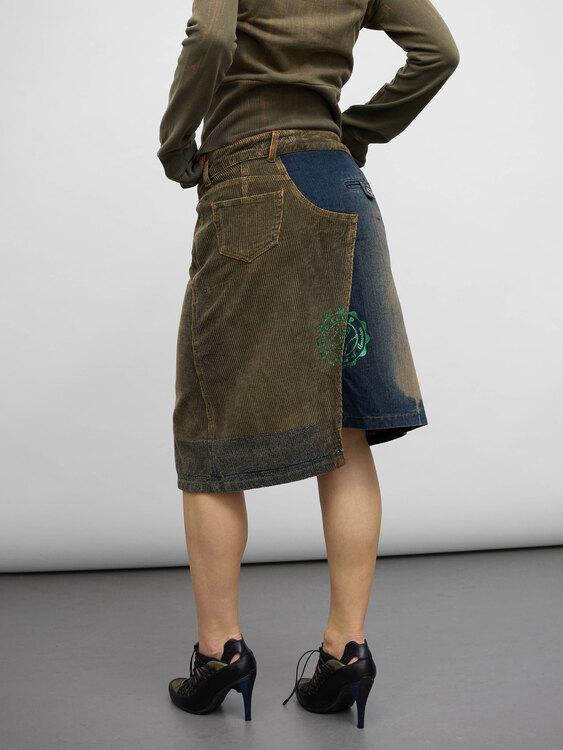 Corduroy and Denim Midi Skirt 