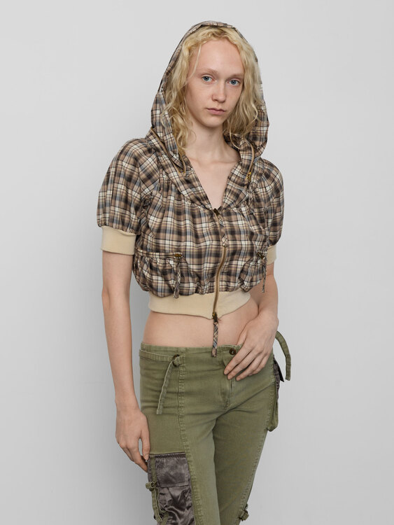 Plaid Packable Hood Cropped Jacket 