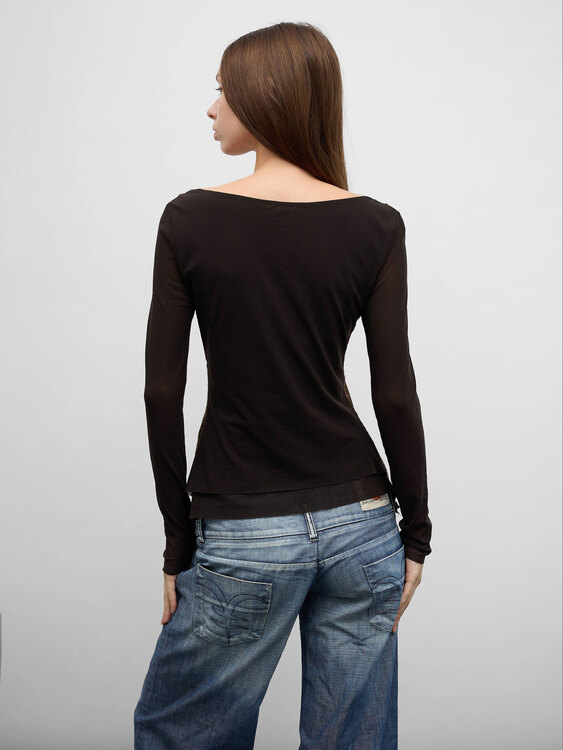 Brown Knit And Mesh Top 