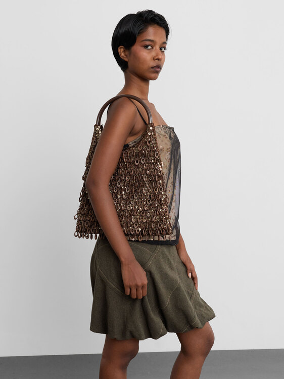 Brown Sequin And Ring Handbag 