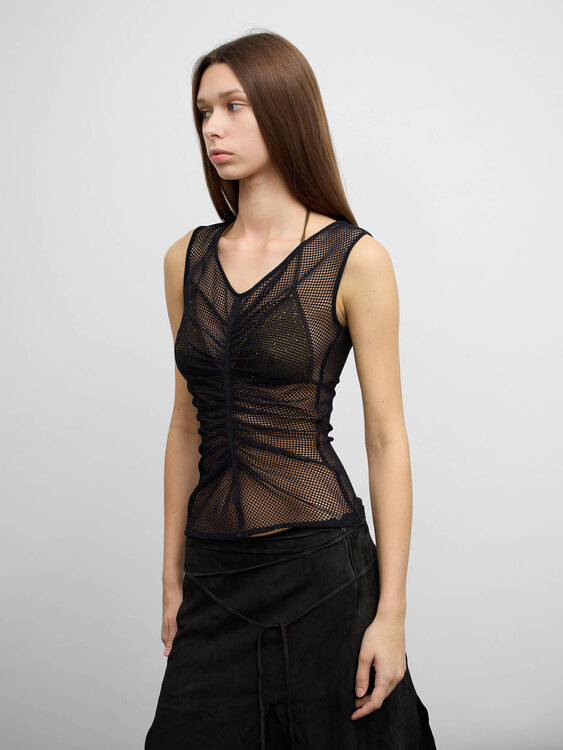 Black Gathered Fishnet Top 