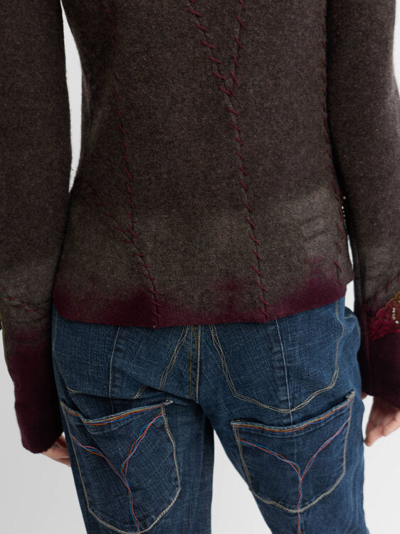 Knitted Patchwork Zip-Up Cardigan 