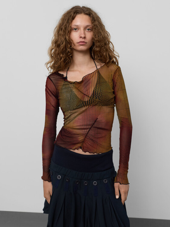 Houndstooth Gathered Mesh Top 