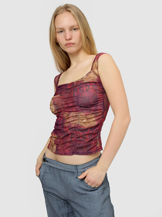 Gathered Graphic Print Mesh Top 