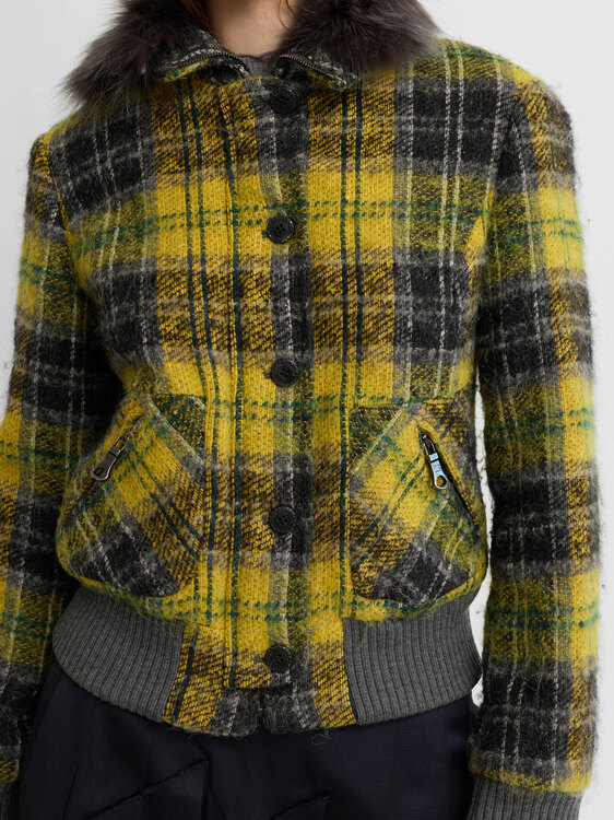 Trussardi Fur Collar Plaid Jacket 