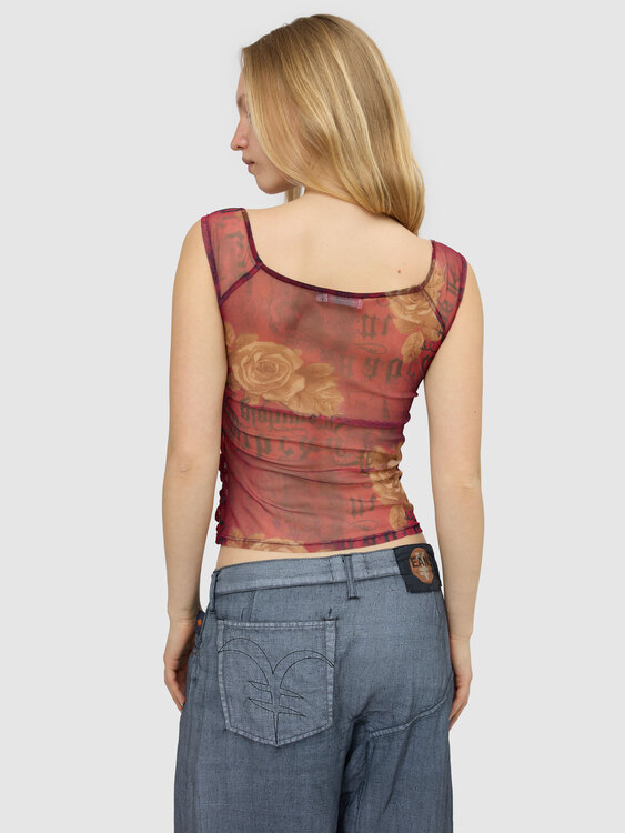 Gathered Graphic Print Mesh Top 