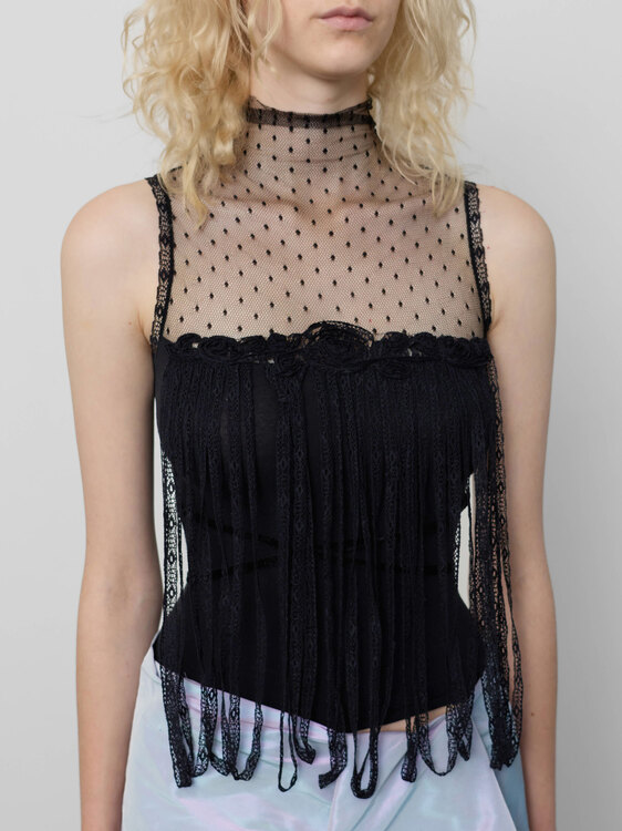 Black Sleeveless Fringed Top 