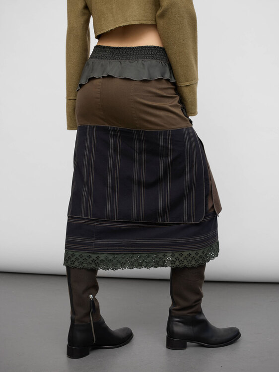 Khaki Patchwork Midi Skirt 