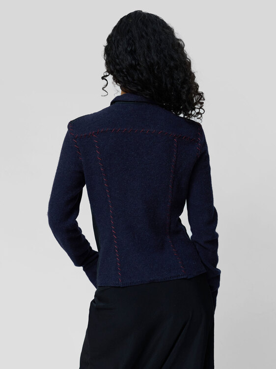 Navy Wool Panelled Zip-Up Jacket 