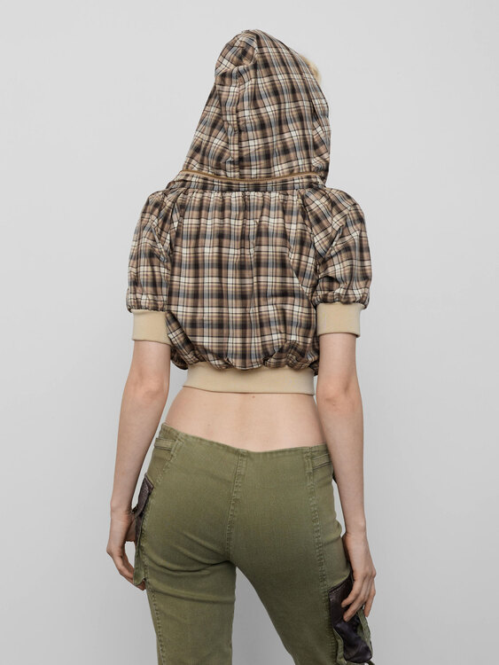 Plaid Packable Hood Cropped Jacket 