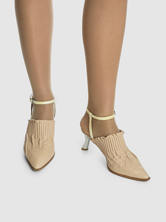 Beige Wrinkled Effect Heeled Mules 