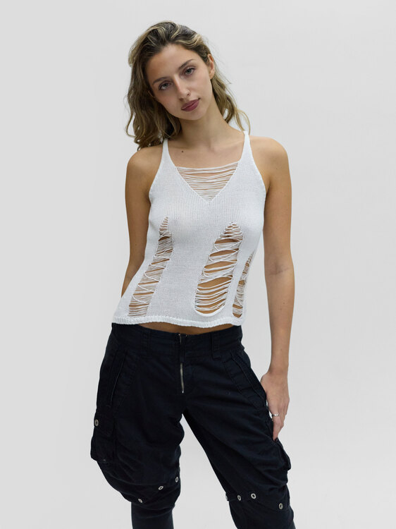 White Distressed Knit Vest 