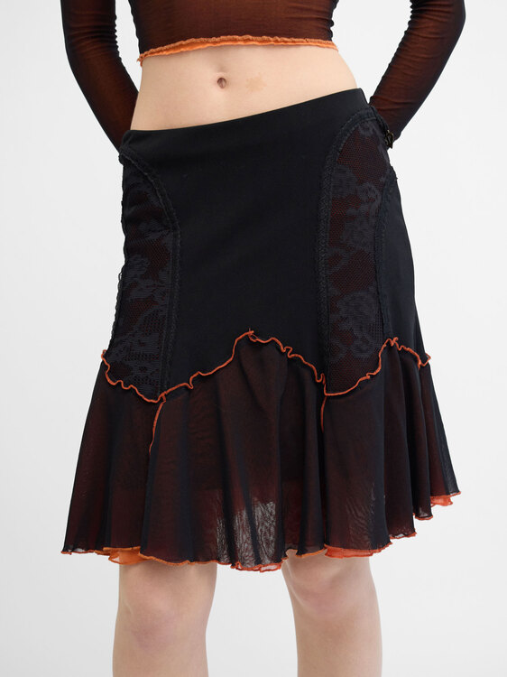 Black and Orange Mesh Midi Skirt 