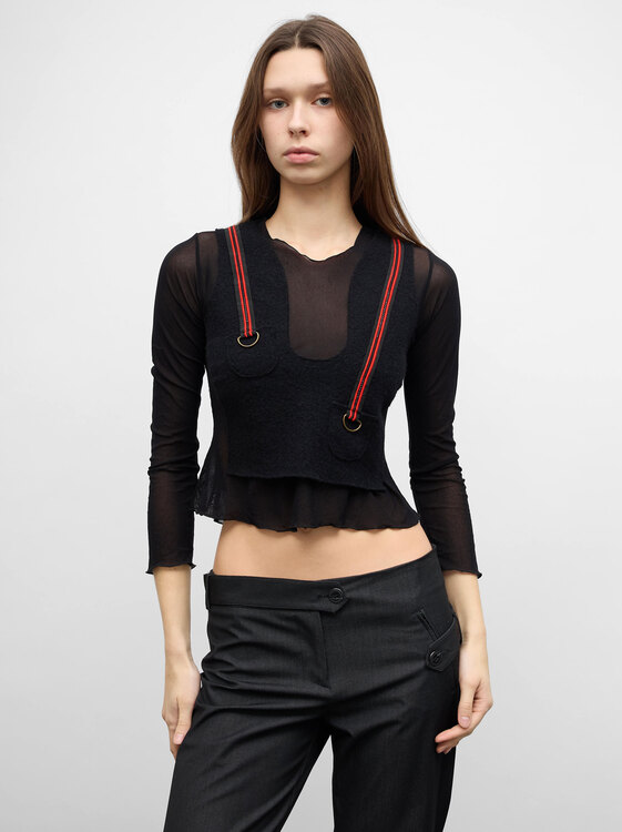 Black Mesh And Boucle Top 