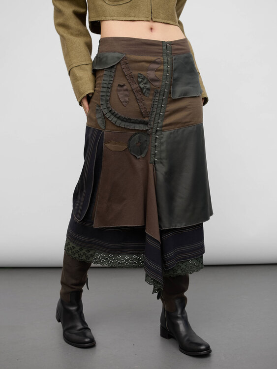 Khaki Patchwork Midi Skirt 