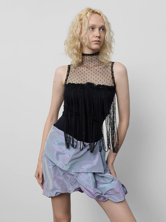 Black Sleeveless Fringed Top 