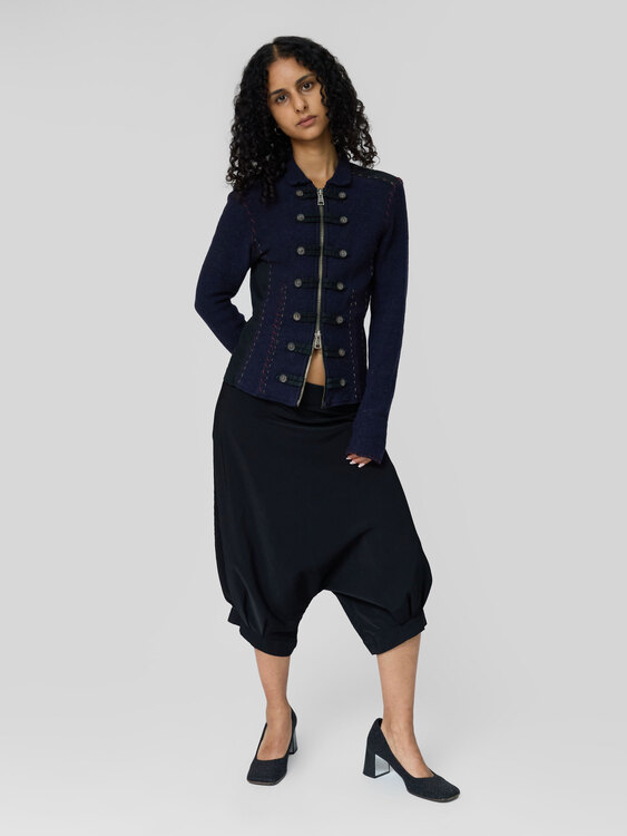 Navy Wool Panelled Zip-Up Jacket 