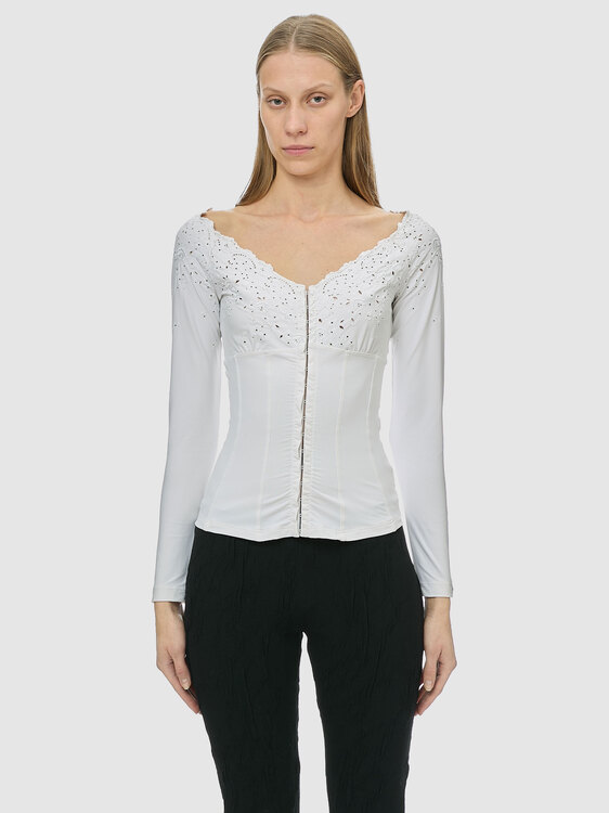 Anti-Flirt Openwork Embroidery Top 