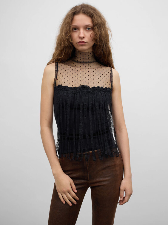 Black Sleeveless Fringed Top 
